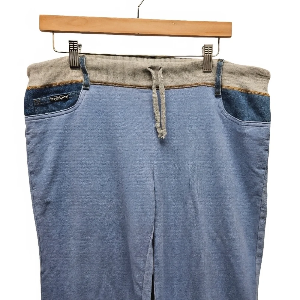 0046 Bebe Y2k Drawstring Lounge Pants Denim Accents Wide Leg Flare Blue Large